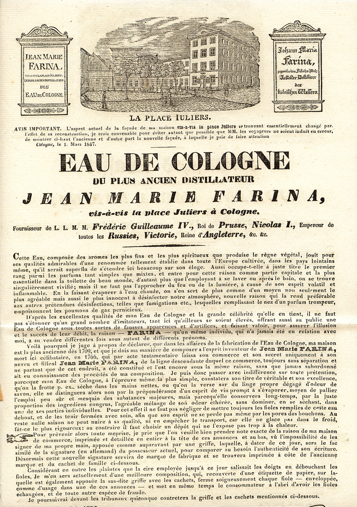 Prospectus datant de 1811 et vantant les mérites de l’Eau de Cologne.
