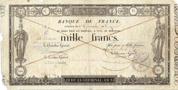 Note of 1000 francs germinal produced in 1803.