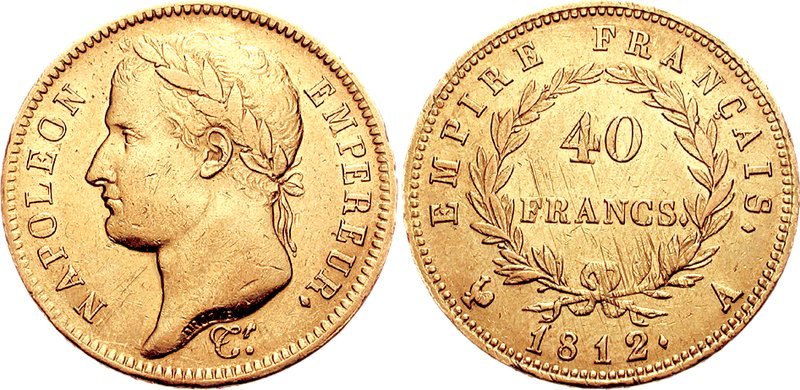 Création de la Banque de France par Napoléon : pièce en or frappée sous le Premier Empire et présentant la tête laurée de Napoléon Ier.