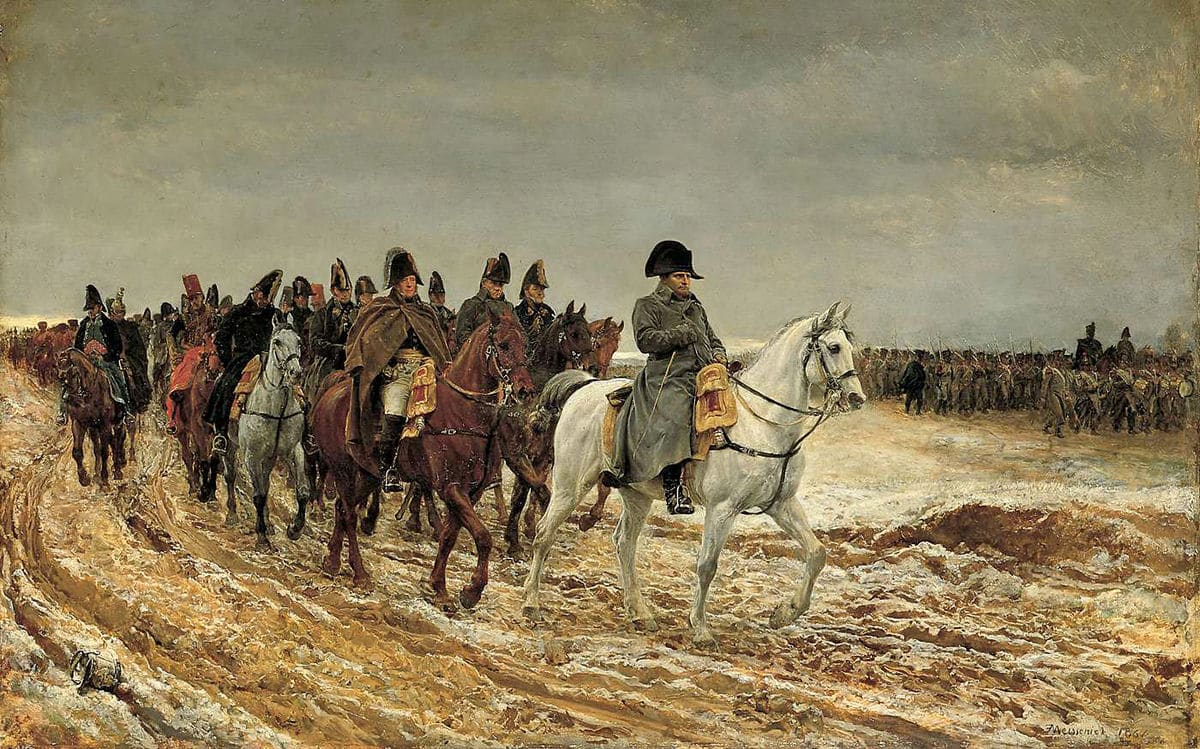 Campaign of France, in 1814 by Ernest Meissonier, oil on canvas, 1864. Napoleon Bonaparte (1769-1821) and his staff are shown from Soissons to return after the Battle of Laon.
