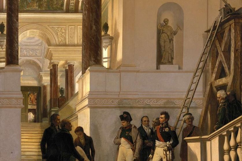 COUDER Louis-Charles-Auguste (1789 - 1873). Napoleon I visiting the stairs of the Louvre Museum. © Photo RMN-Grand Palais