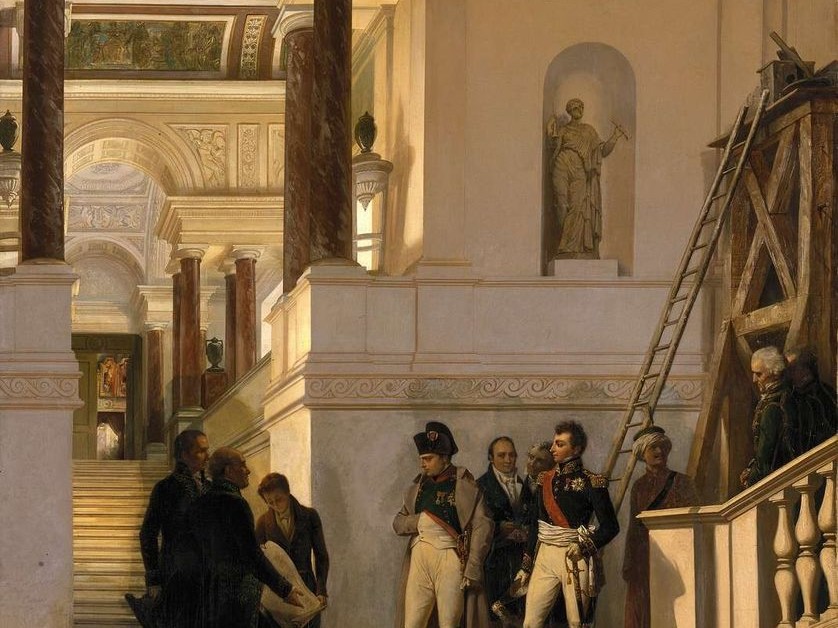 COUDER Louis-Charles-Auguste (1789 - 1873). Napoléon Ier visitant l'escalier du Musée du Louvre. © Photo RMN-Grand Palais