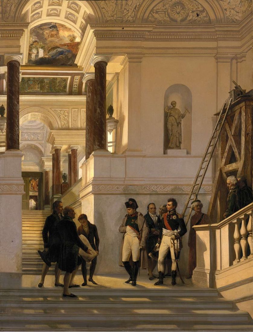 COUDER Louis-Charles-Auguste (1789 - 1873). Napoléon Ier visitant l'escalier du Musée du Louvre. © Photo RMN-Grand Palais