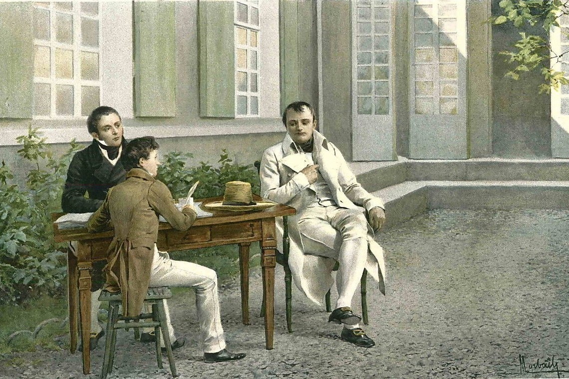 Napoleon dictating his Memoirs to Las Cases and his son. Based on a watercolor by Felician Myrbach (1853 - 1940) © Classic Literature