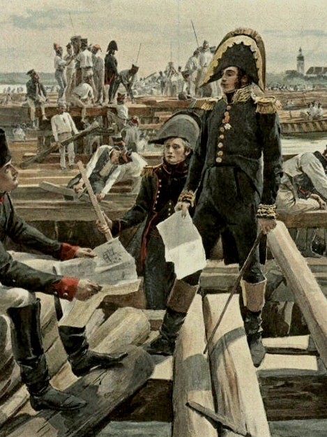 Des soldats assemblent un pont flottant jusqu'à l'île de Lobau pendant la campagne d'Autriche de 1809. Félicien de Myrbach (1853 - 1940)