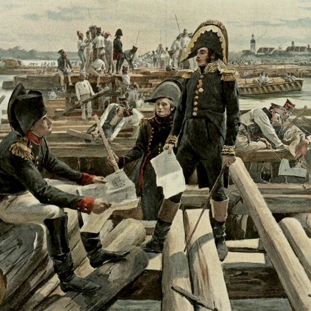 Des soldats assemblent un pont flottant jusqu'à l'île de Lobau pendant la campagne d'Autriche de 1809. Félicien de Myrbach (1853 - 1940)