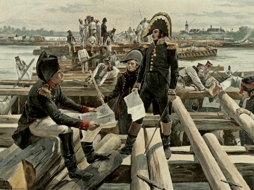 Des soldats assemblent un pont flottant jusqu'à l'île de Lobau pendant la campagne d'Autriche de 1809. Félicien de Myrbach (1853 - 1940)