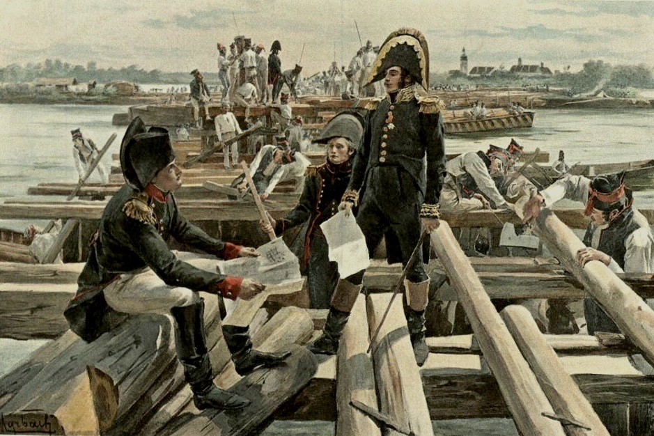 Soldiers assembling a floating bridge to the island of Lobau during the Austrian campaign of 1809. Félicien de Myrbach (1853 - 1940)
