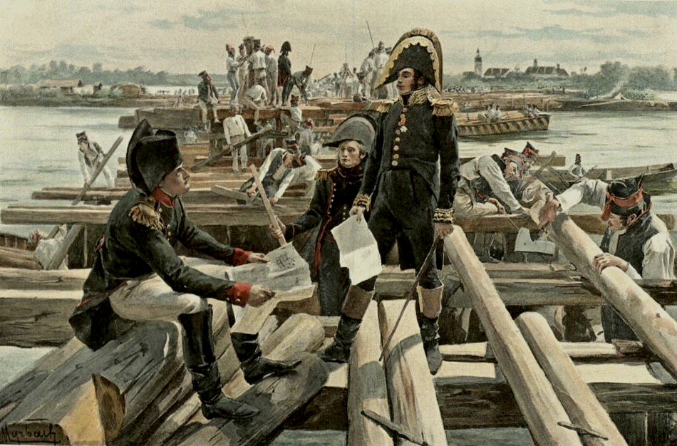Soldiers assembling a floating bridge to the island of Lobau during the Austrian campaign of 1809. Félicien de Myrbach (1853 - 1940)