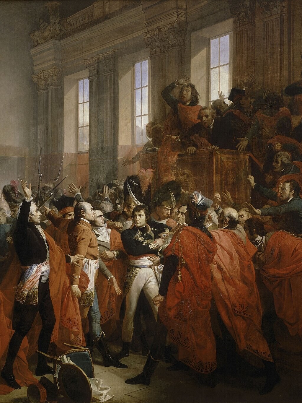 François Bouchot (1800–1842), Orangerie du parc de Saint-Cloud — Coup d'État des 18-19 brumaire an VIII — Le général Bonaparte au Conseil des Cinq-Cents, à Saint Cloud. 10 novembre 1799. Huile sur toile, 1840, Musée national du Château de Versailles