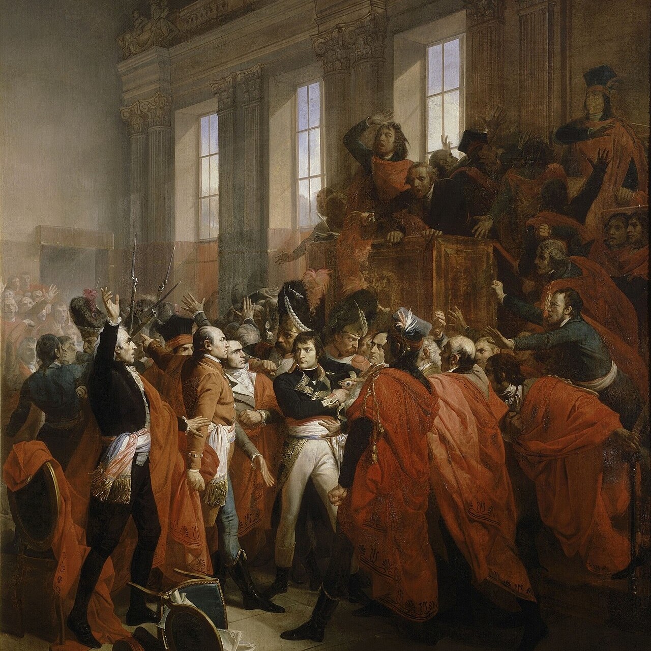 François Bouchot (1800–1842), Orangerie du parc de Saint-Cloud — Coup d'État des 18-19 brumaire an VIII — Le général Bonaparte au Conseil des Cinq-Cents, à Saint Cloud. 10 novembre 1799. Huile sur toile, 1840, Musée national du Château de Versailles