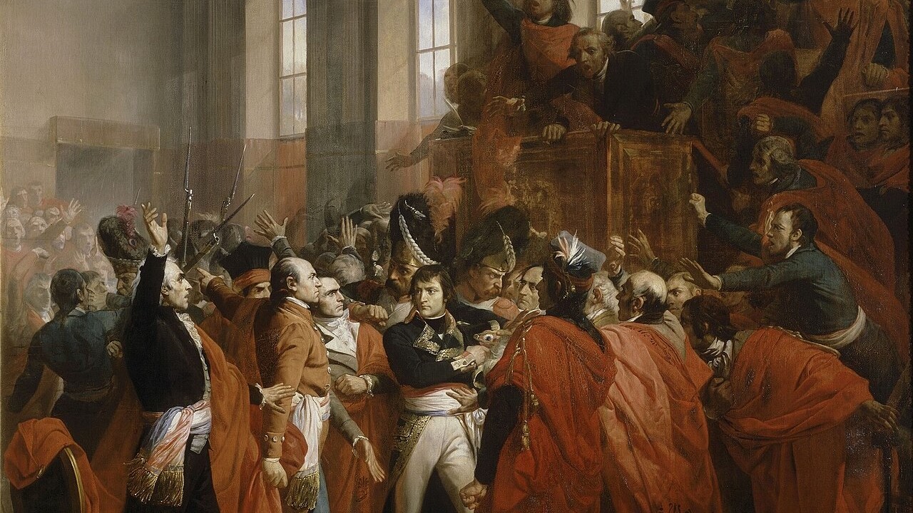 François Bouchot (1800–1842), Orangerie du parc de Saint-Cloud — Coup d'État des 18-19 brumaire an VIII — Le général Bonaparte au Conseil des Cinq-Cents, à Saint Cloud. 10 novembre 1799. Huile sur toile, 1840, Musée national du Château de Versailles