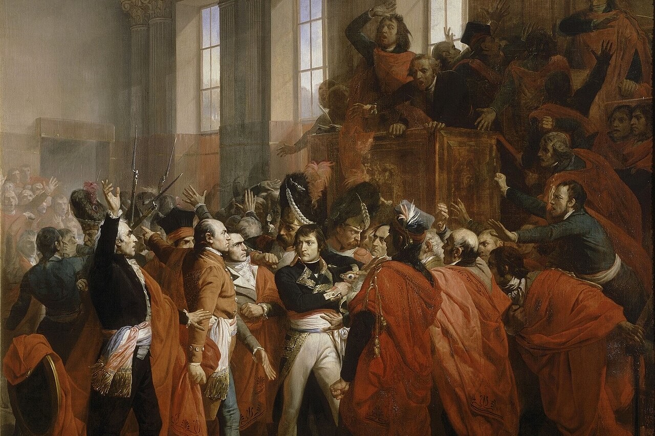 François Bouchot (1800–1842), Orangerie du parc de Saint-Cloud — Coup d'État des 18-19 brumaire an VIII — Le général Bonaparte au Conseil des Cinq-Cents, à Saint Cloud. 10 novembre 1799. Huile sur toile, 1840, Musée national du Château de Versailles