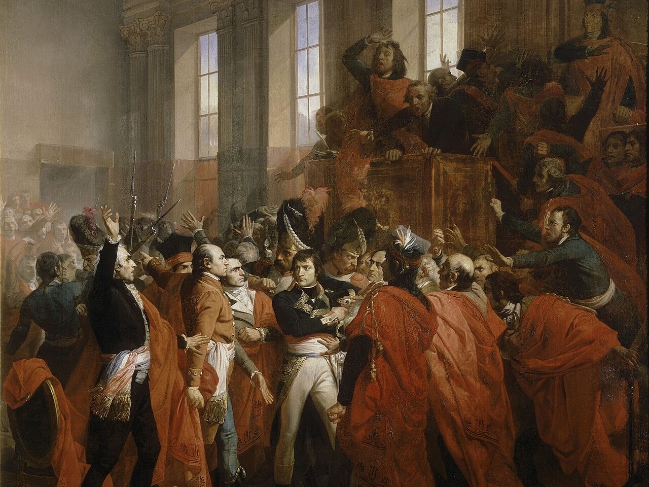 François Bouchot (1800–1842), Orangerie du parc de Saint-Cloud — Coup d'État des 18-19 brumaire an VIII — Le général Bonaparte au Conseil des Cinq-Cents, à Saint Cloud. 10 novembre 1799. Huile sur toile, 1840, Musée national du Château de Versailles