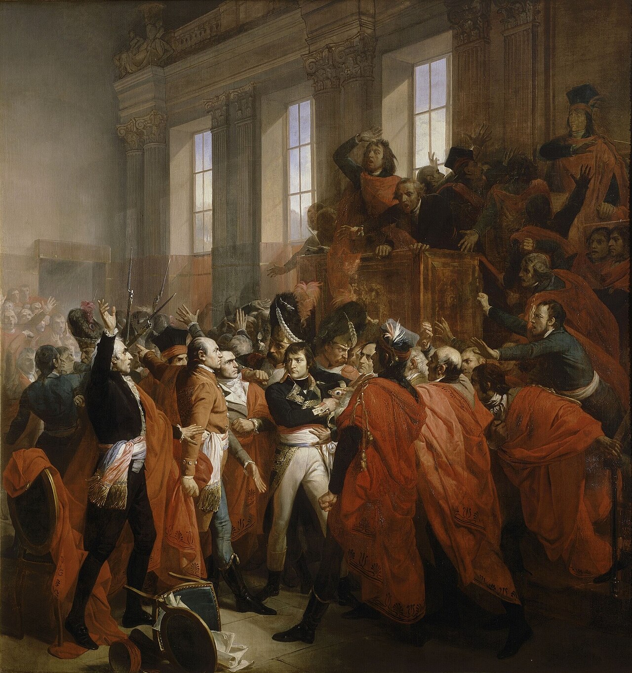 François Bouchot (1800–1842), Orangerie du parc de Saint-Cloud — Coup d'État des 18-19 brumaire an VIII — Le général Bonaparte au Conseil des Cinq-Cents, à Saint Cloud. 10 novembre 1799. Huile sur toile, 1840, Musée national du Château de Versailles