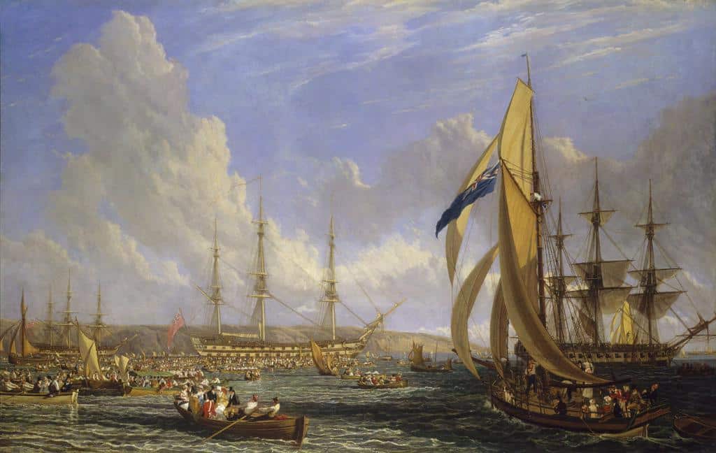 John James Chalon (1778 - 1854), Scène dans le détroit de Plymouth en août 1815 : Le « Bellérophon » avec Napoléon à bord à Plymouth (26 juillet - 4 août 1815)