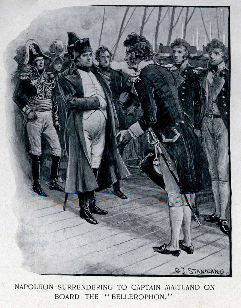 Napoléon se rendant au capitaine Maitland à bord du Bellerophon, illustration de Charles Joseph Staniland, 1916